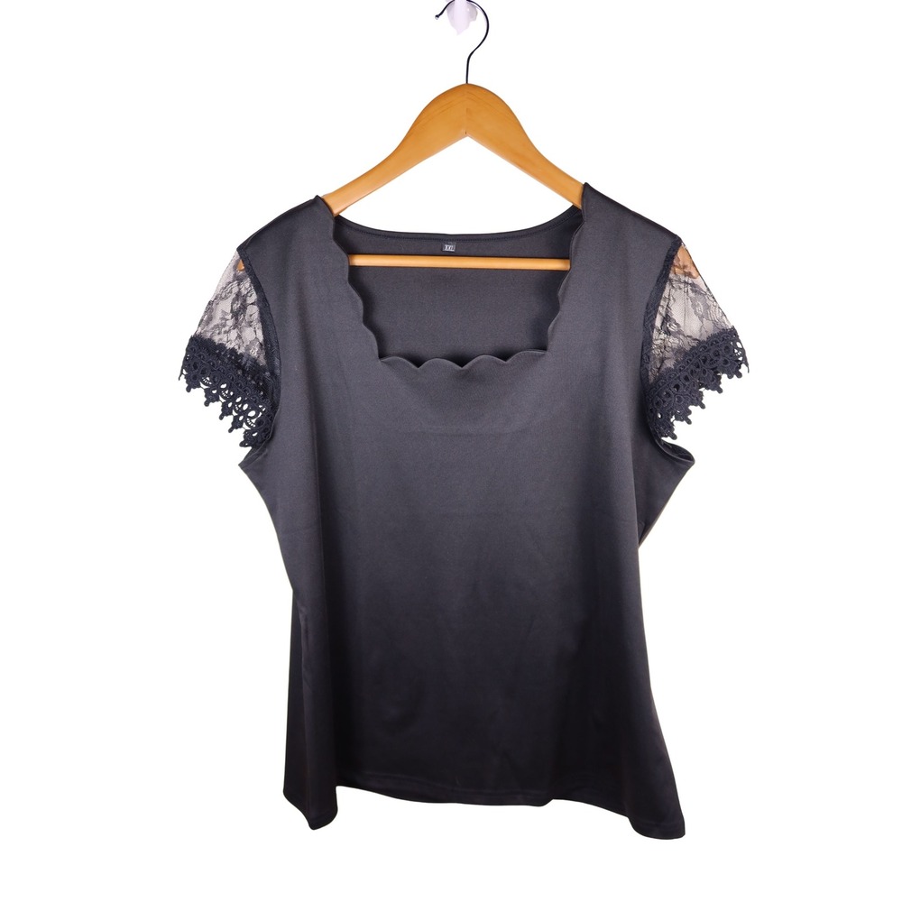 Black Scalloped Neckline Lace Sleeve Blouse Top Women XXL Excellent